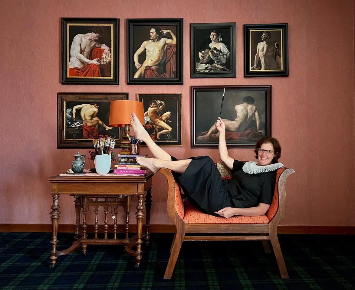 Trina in her salon in Perugia, hung with her copies of old master paintings